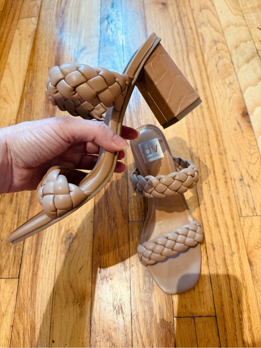 DV by Dolce Vita Braided Double-Strap Slide Sandals Heels in Tan Beige or Nude - Picture 3 of 6
